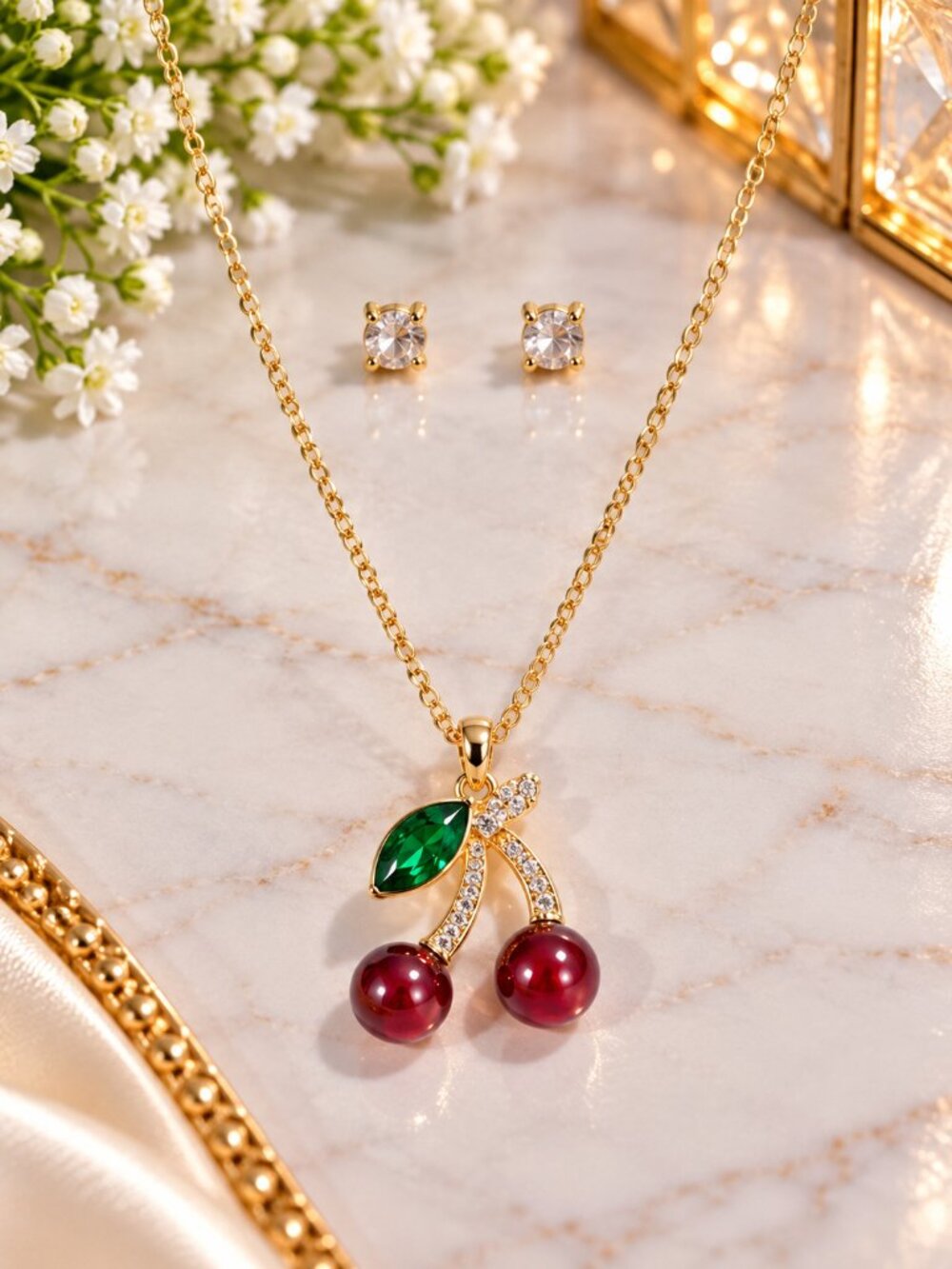 Gold Cherry Pendant Necklace & Crystal Stud Earrings Jewelry Set Fashion Jewelry